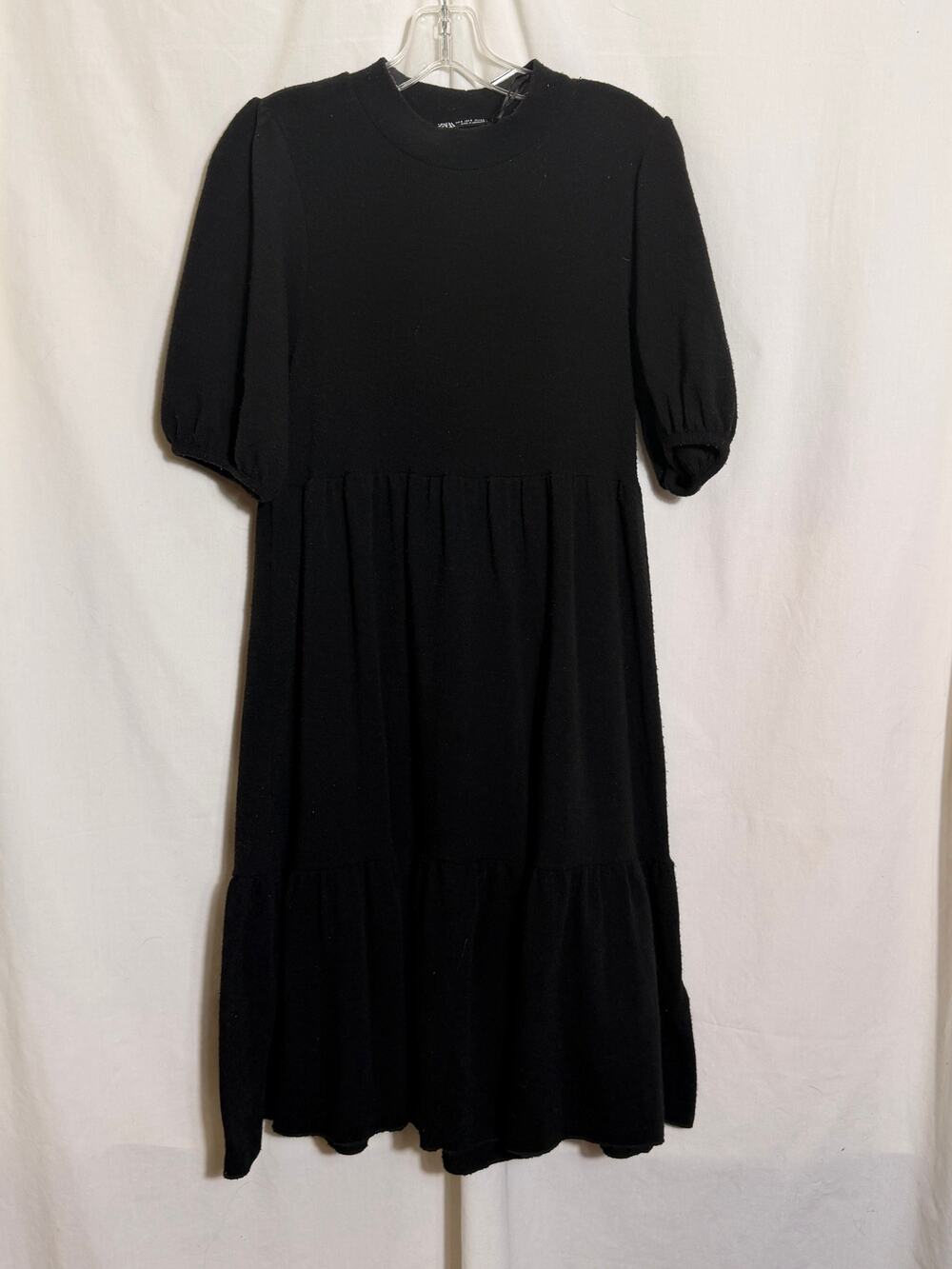 Zara Black Tiered Midi Dress Puff Sleeve Textured Knit Babydoll Size Small